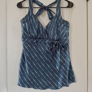 studio y blue dot satin halter top w/ bow
